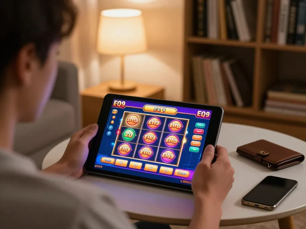 Engaging player enjoying EQ9 online casino slots on a tablet in a cozy home environment.