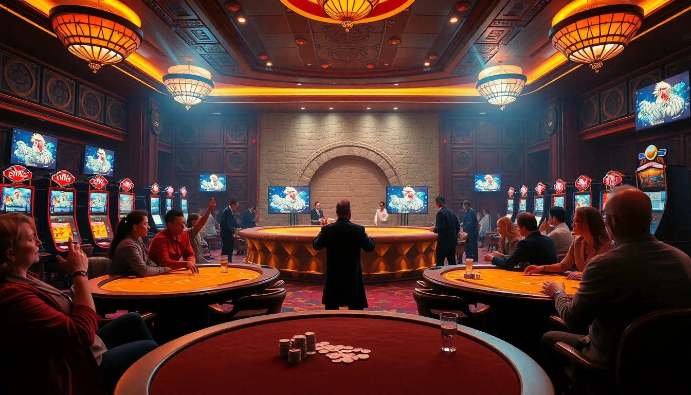 Engaged spectators watching đá gà trực tiếp in a luxurious casino setting, with vibrant visuals.