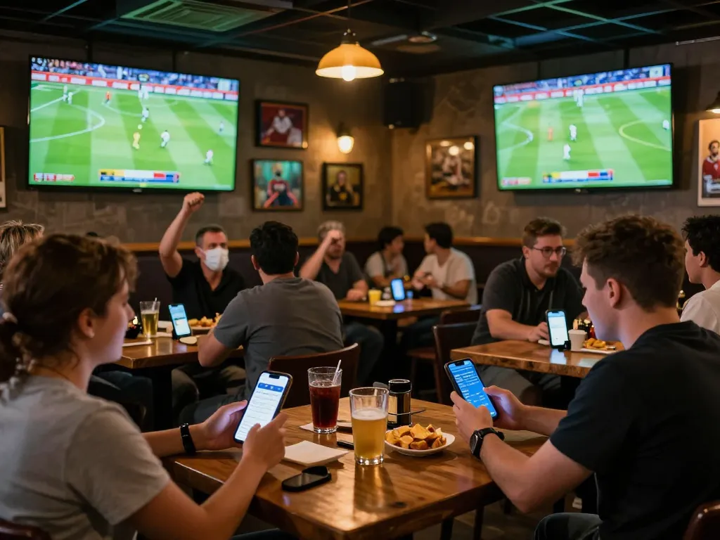Engaged crowd at a sports bar placing bets on tỷ lệ kèo nhà cái 5 while watching live football.