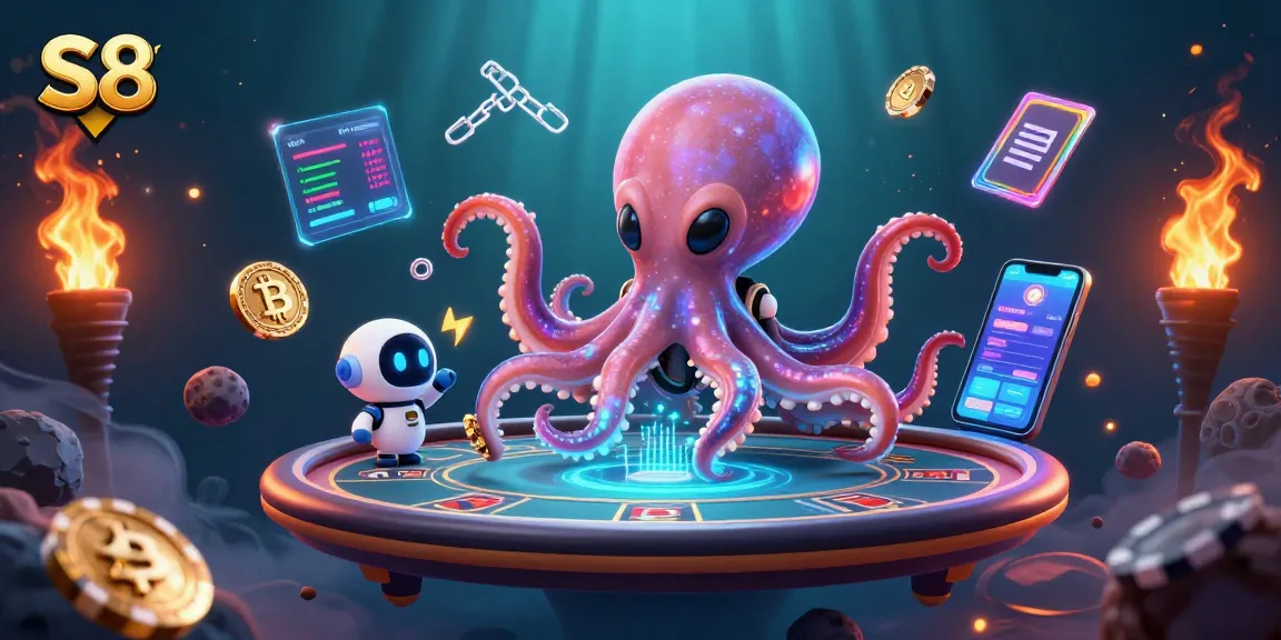 Engage with S8's thrilling poker action as an octopus deals cards on a vibrant cosmic table.