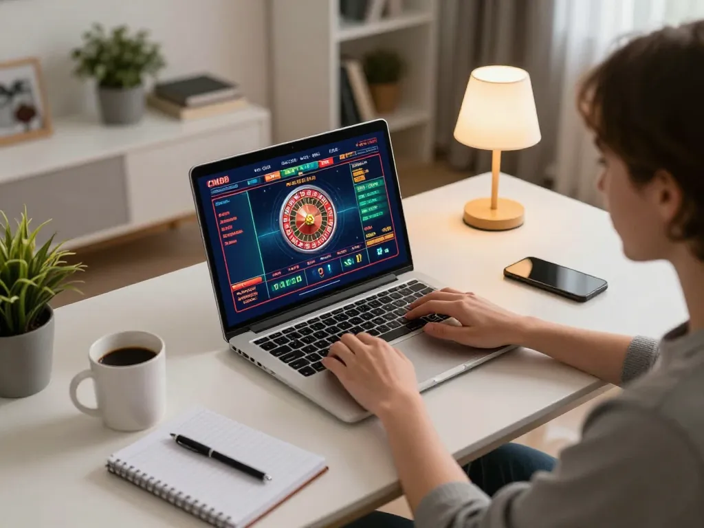 Engaging in CM88 com online gaming from a cozy home setup, featuring a roulette game on the laptop screen.