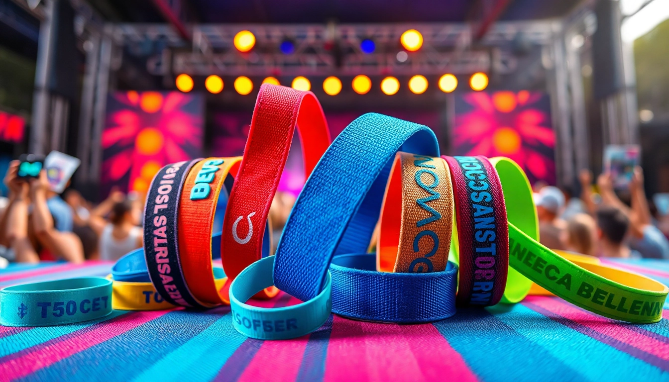 Bunte Eintrittsbänder aus Stoff, kreativ vor einer Festival-Kulisse präsentiert.