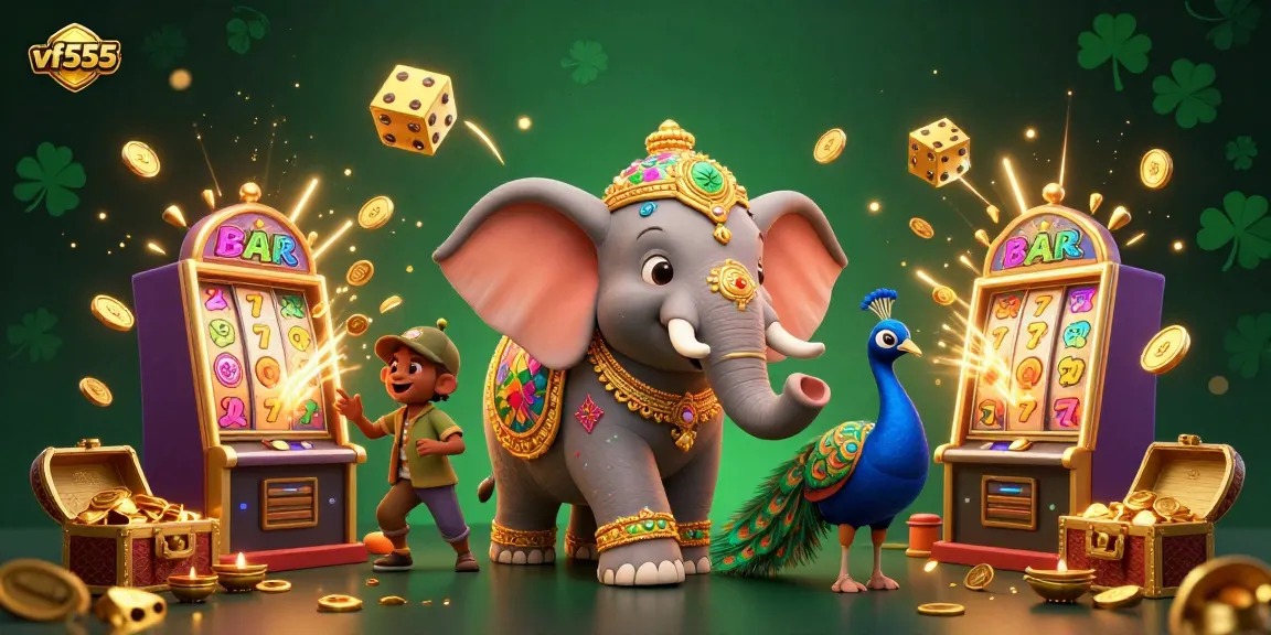 Engage with vf555's vibrant casino universe through dynamic slot machines, floating treasures, and lively characters.