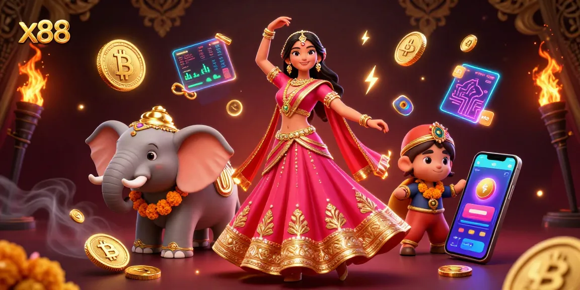 X88 players cashing in on wins with vibrant casino-themed celebration and crypto elements