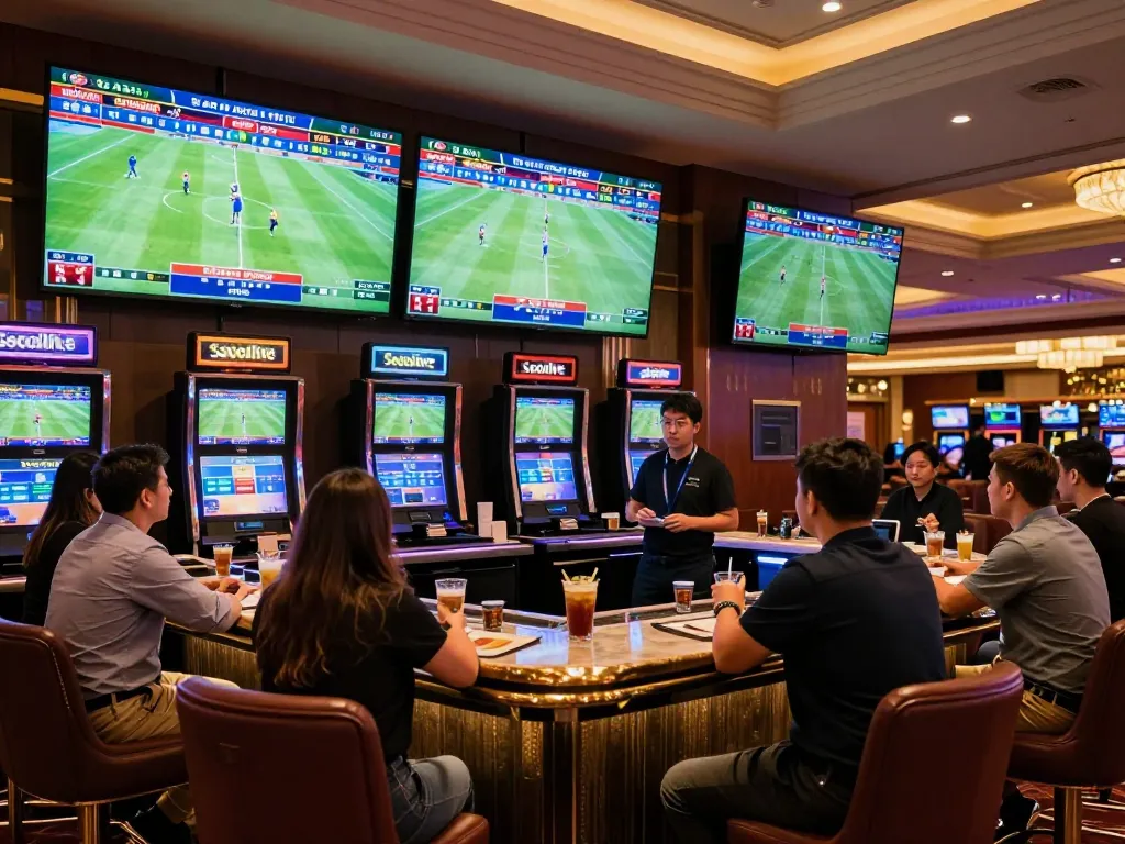 Socolive trực tiếp bóng đá captures sports fans enjoying a thrilling betting experience in a luxurious sportsbook.