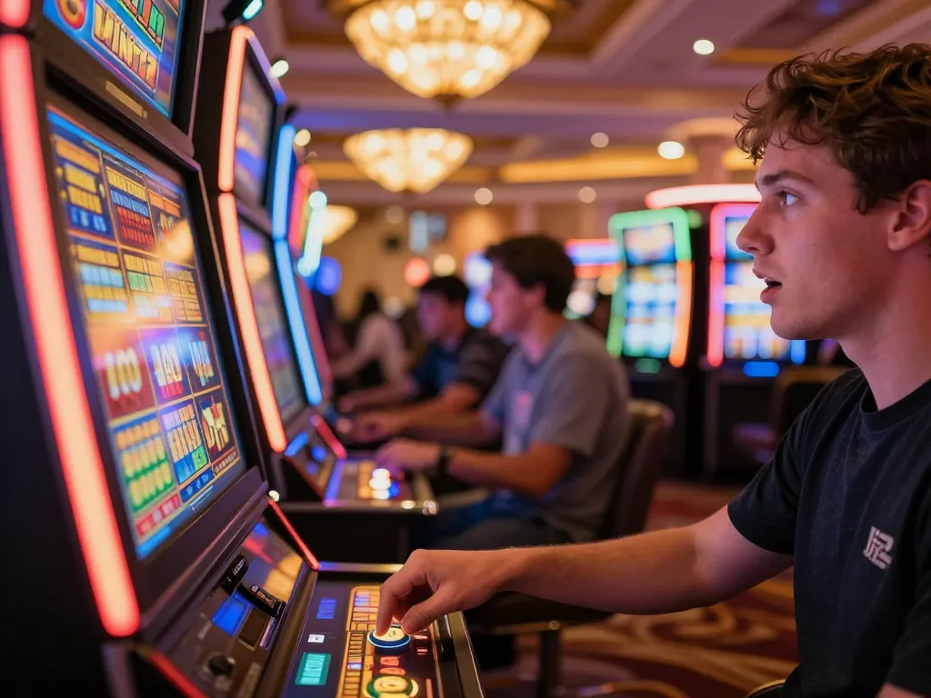 Exciting player enjoying a thrilling slot game at VIN777 casino, capturing the moment of anticipation in vibrant lights.