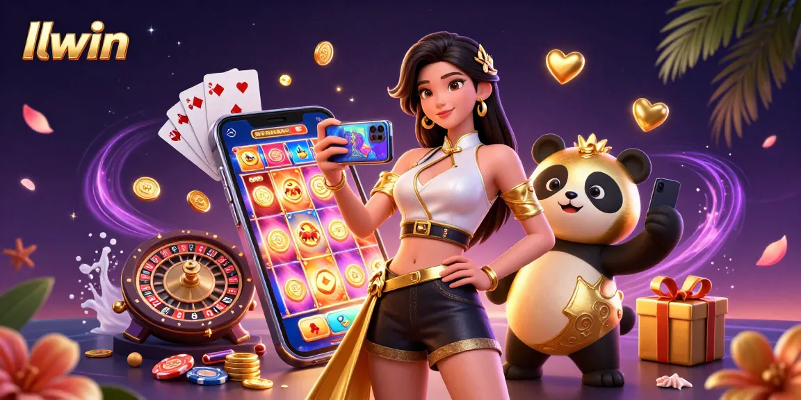 Experience thrilling gameplay with llwin as a stylish woman and a golden panda celebrate in a vibrant casino scene.