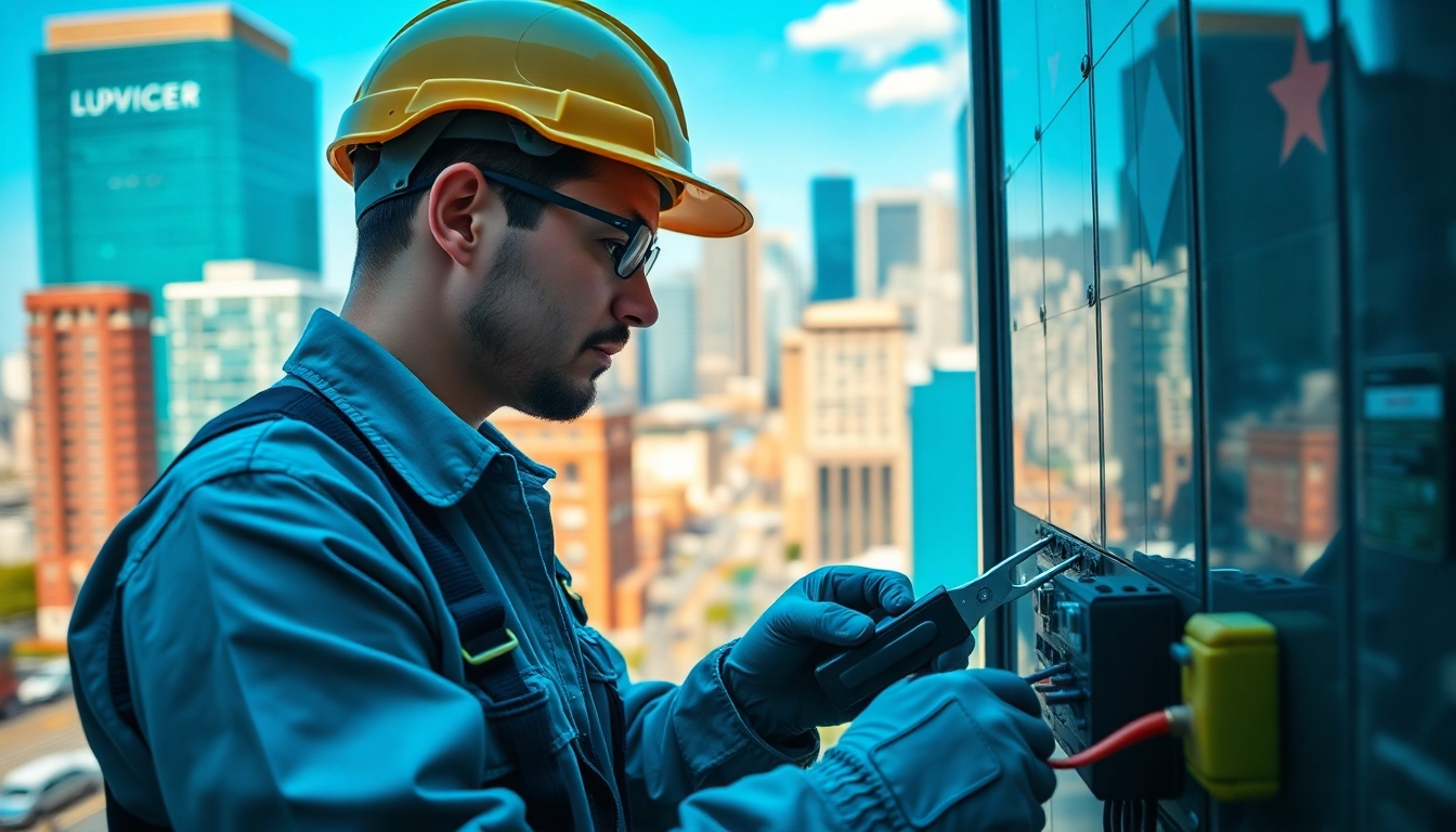 Electrician providing electrical services Vancouver with tools in a vibrant city backdrop.