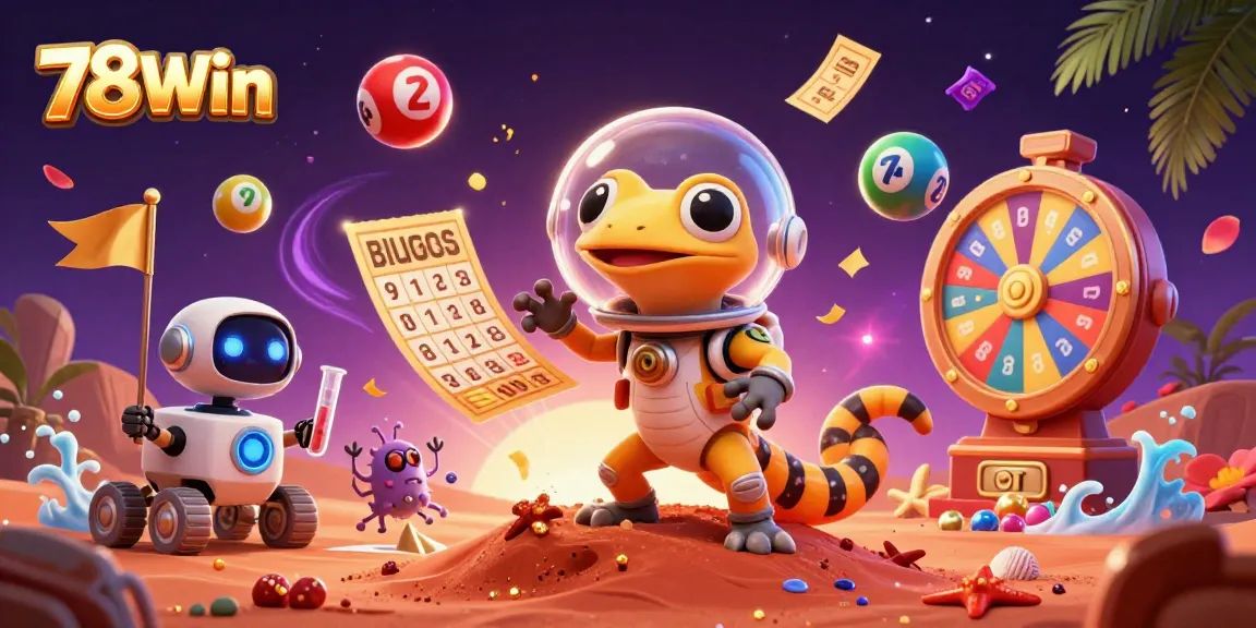 Win big with 78Win's vibrant casino adventure, featuring a Martian gecko and dynamic game elements.