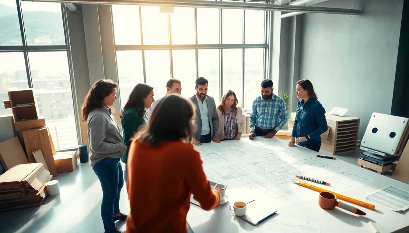 A construction member organization team collaborating on blueprints in a modern office setting.