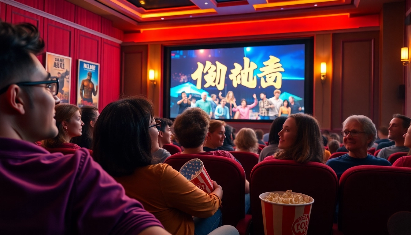 ผู้ชมที่ตื่นเต้นชม หนังออนไลน์ ในโรงภาพยนตร์ที่มีบรรยากาศอบอุ่น