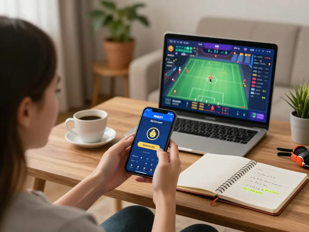 Player engaging with the RR88 NAVY app on a smartphone in a cozy home setting, highlighting responsible gaming.