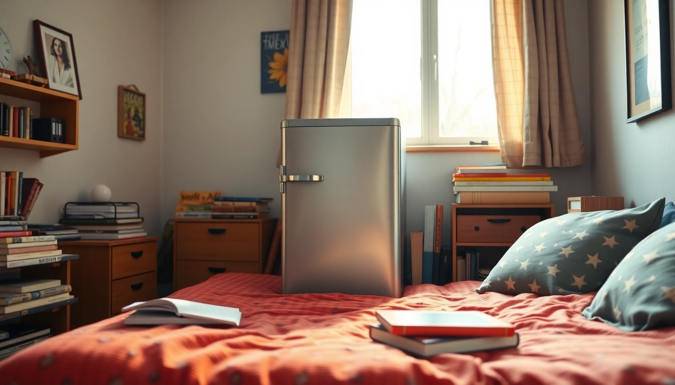 Dorm room fridge showcased in a cozy college setting with books and decor.