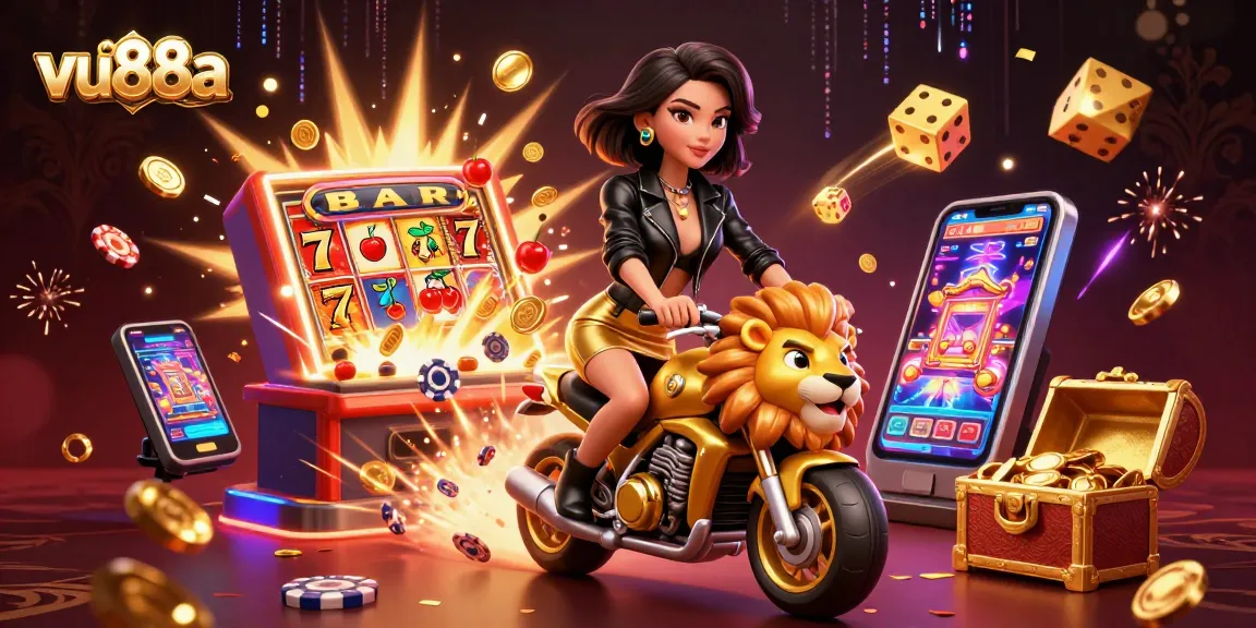 Engage in thrilling games at vu88a with a glamorous player riding a golden lion, showcasing a jackpot explosion.