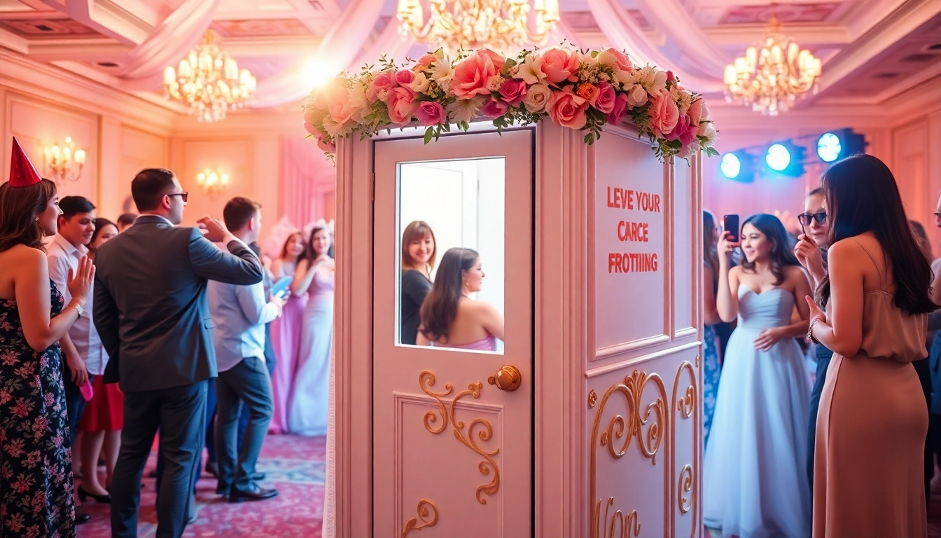 Exciting photo booth rental experience at a wedding, featuring joyful guests and floral decoration.