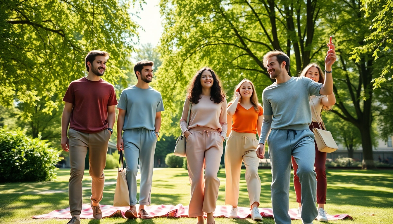 Young adults dressed in stylish french terry sweatpants enjoying time in a sunny urban park.