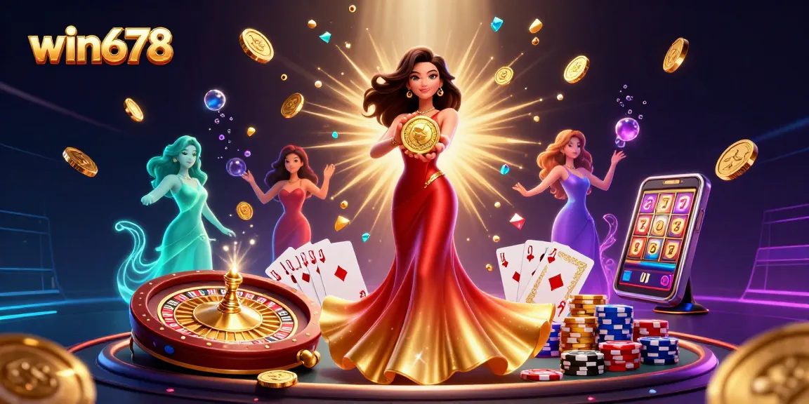 win678 offers an exciting casino experience with 3D roulette, golden coins, and a stunning Asian woman holding a golden coin