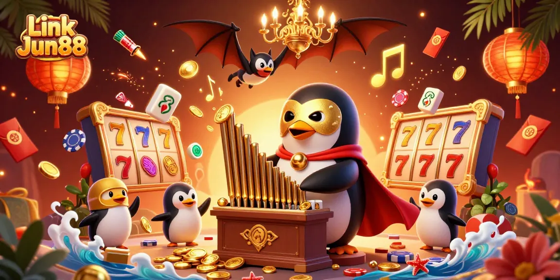 Experience the thrilling games at Link Jun88 with a vibrant illustration of a cartoon penguin and casino elements.