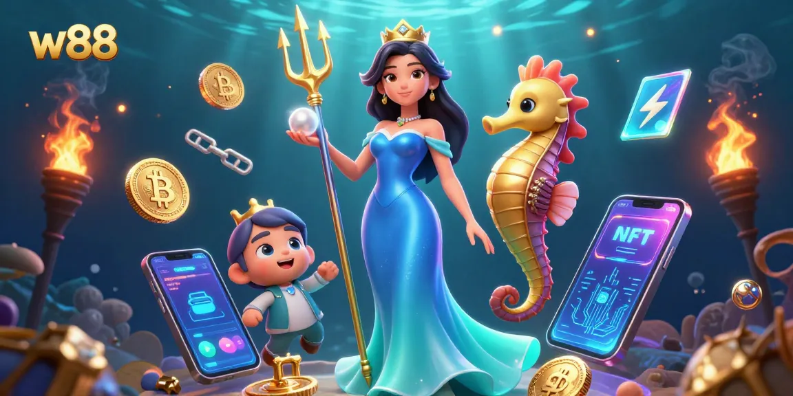 Spin winning reels at w88, featuring a beautiful woman and seahorse king in a vibrant underwater casino scene.