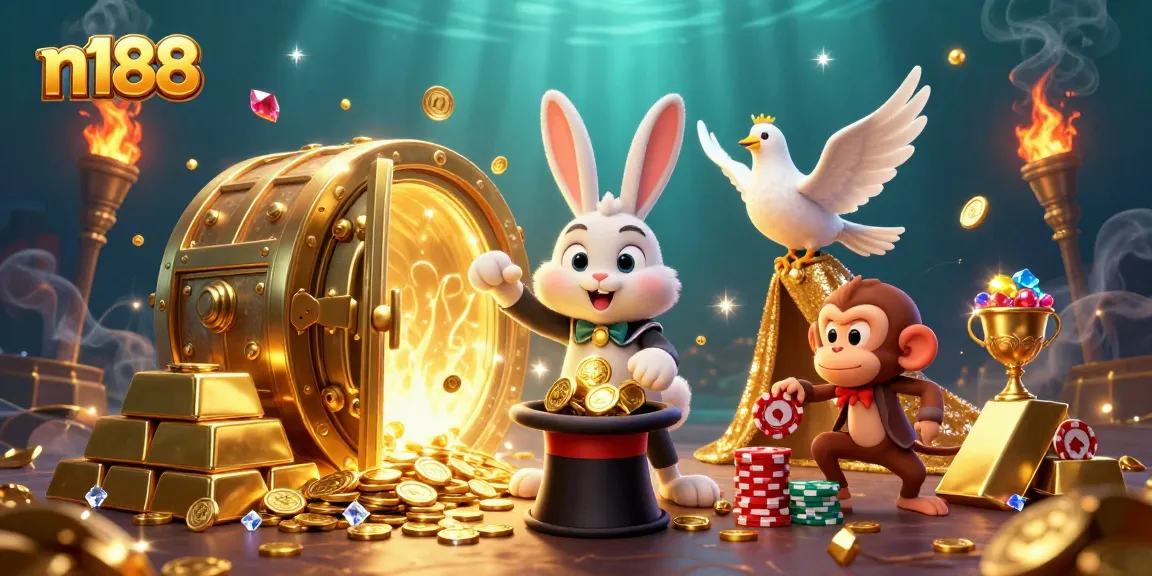 N188 showcases a magical casino scene with a rabbit, dove, and monkey amidst sparkling treasures and vibrant games.