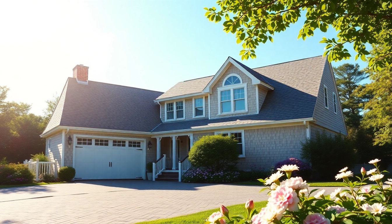 A stunning visual of cape cod homes highlighting the attached garage amid beautiful greenery.