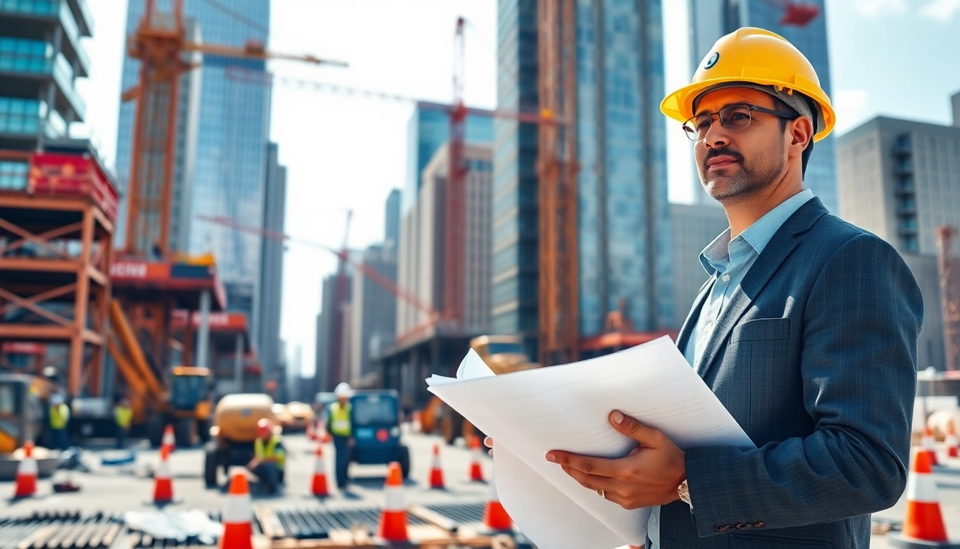 New York Construction Manager directing construction activities on a lively site, showcasing teamwork and infrastructure.