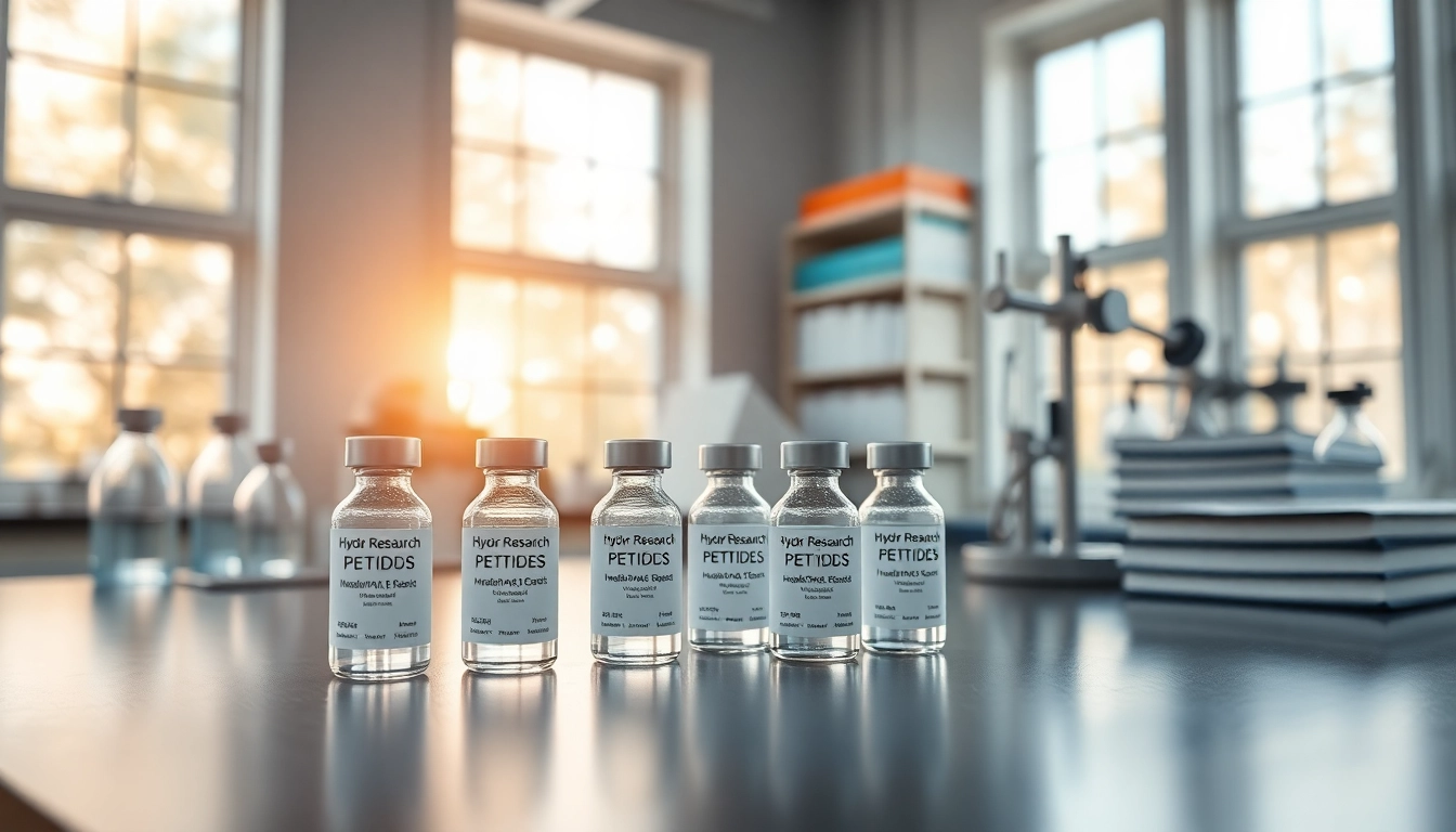 Showcasing Hydro Research peptides in a professional laboratory setting with glass vials.