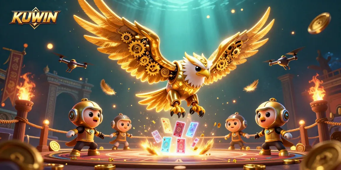 Bet on the action with KUWIN, as a cybernetic eagle dives through vibrant casino elements for thrilling gameplay.