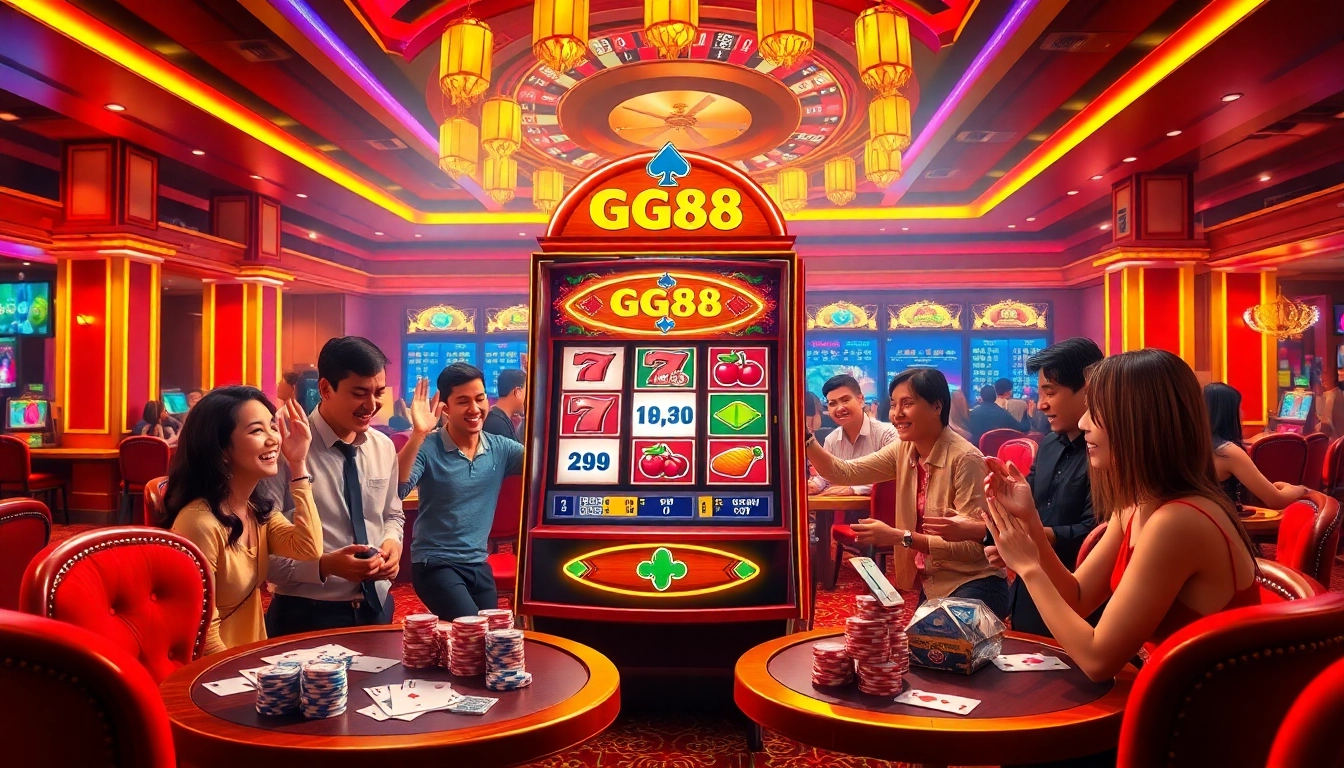 Players enjoying the GG88 slot machine in a vibrant casino atmosphere with poker chips and cards.