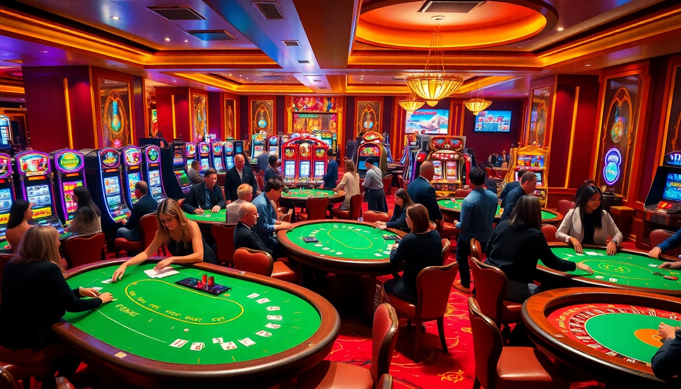 A vibrant casino scene showcasing players enjoying games at the best crypto casinos with slot machines and digital screens.