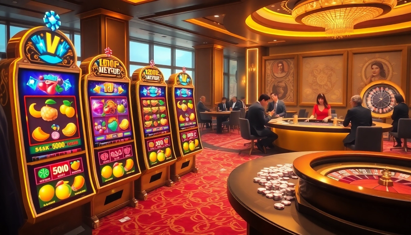 Nổ hũ slot machines spin in an upscale casino environment, emphasizing excitement and luxury.