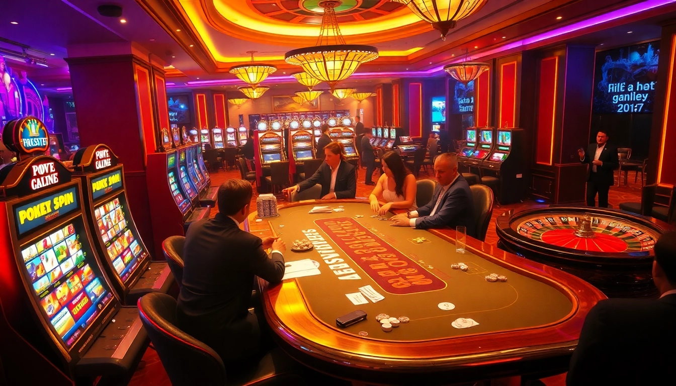 A dynamic poker game at K9K9.ru.com, showcasing vibrant slot machines and roulette wheels in a luxurious casino setting.