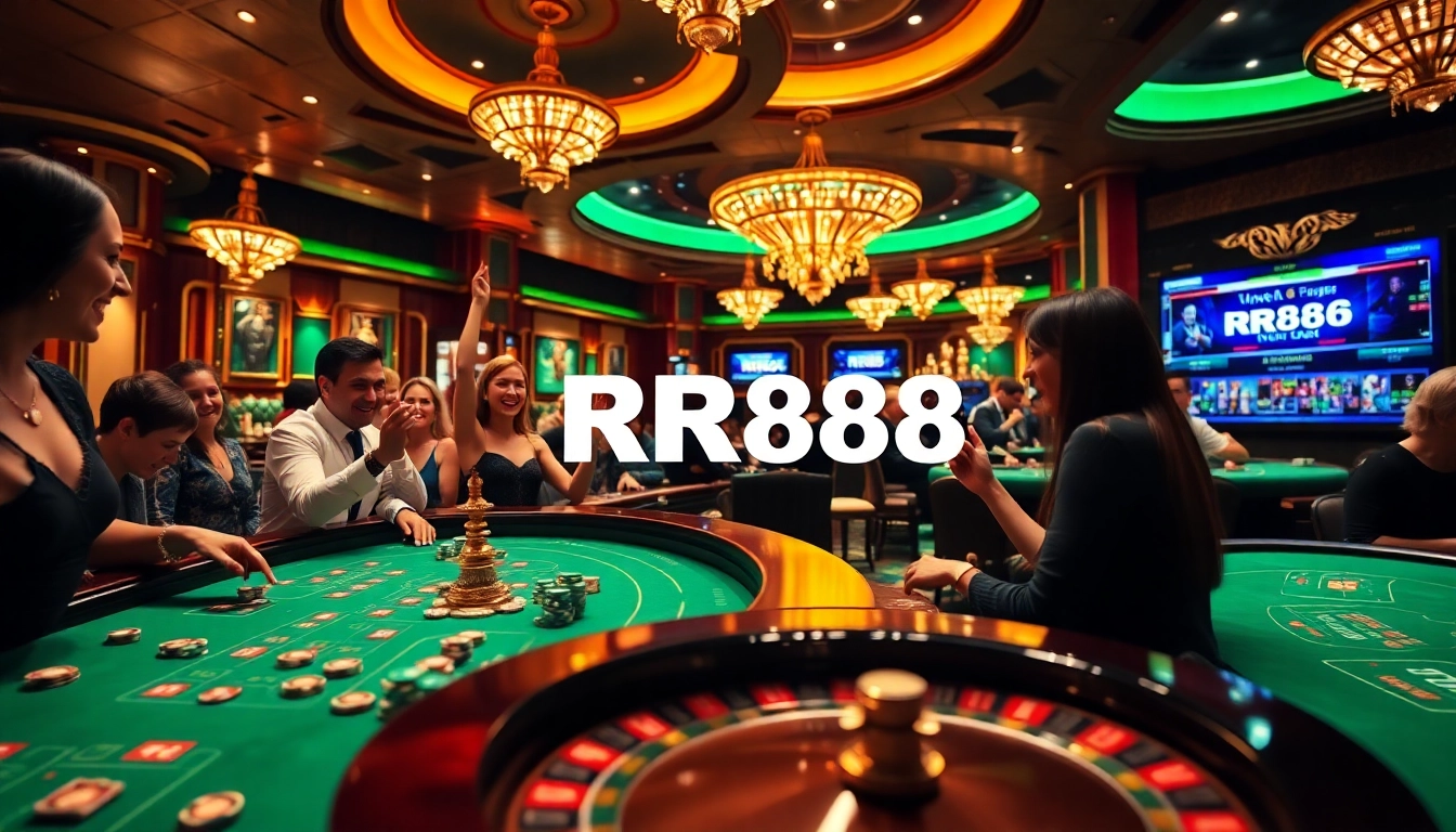Players enjoying roulette and blackjack in a luxurious RR88 casino setting.