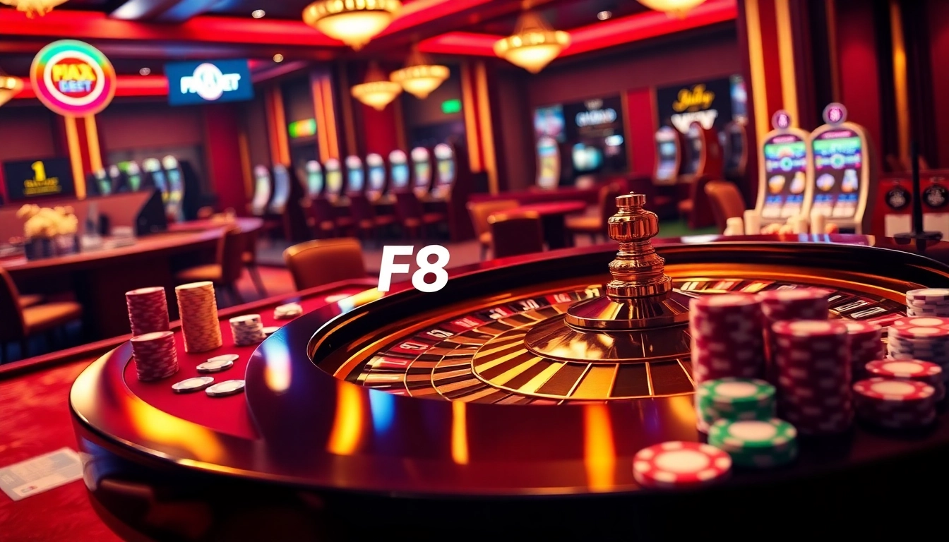 Betting excitement with vibrant casino visuals at https://f8bet.io/ showcasing a roulette table and poker chips.