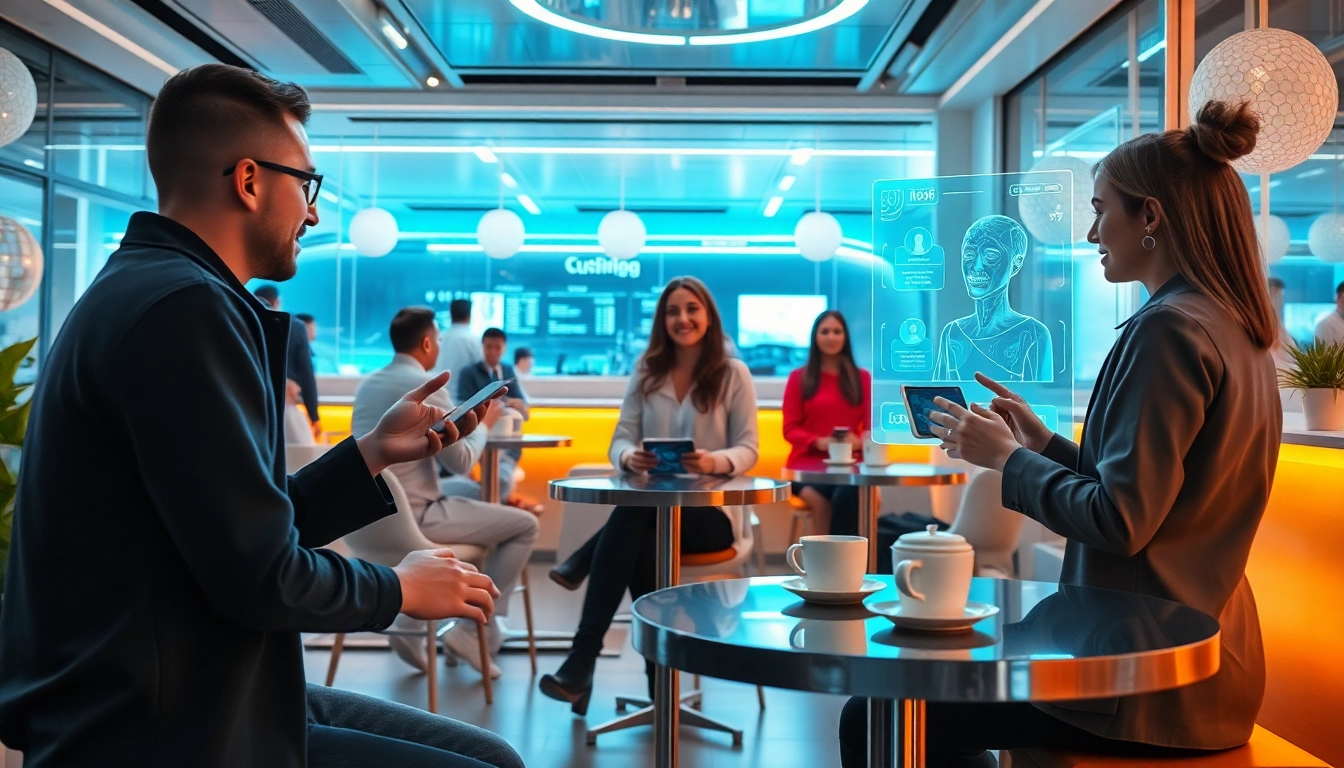 Engaging scene of users interacting with Crushon AI personal assistants in a modern digital café.