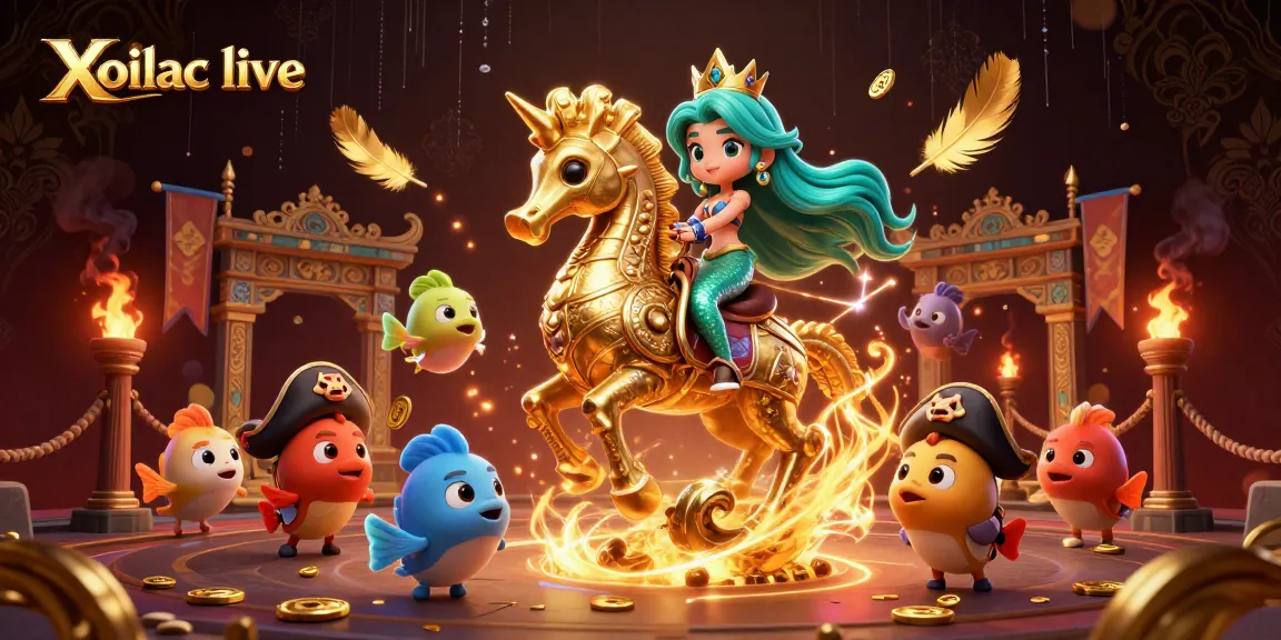Xoilac live features a vibrant 3D scene with a mermaid princess and seahorse amid animated casino elements.