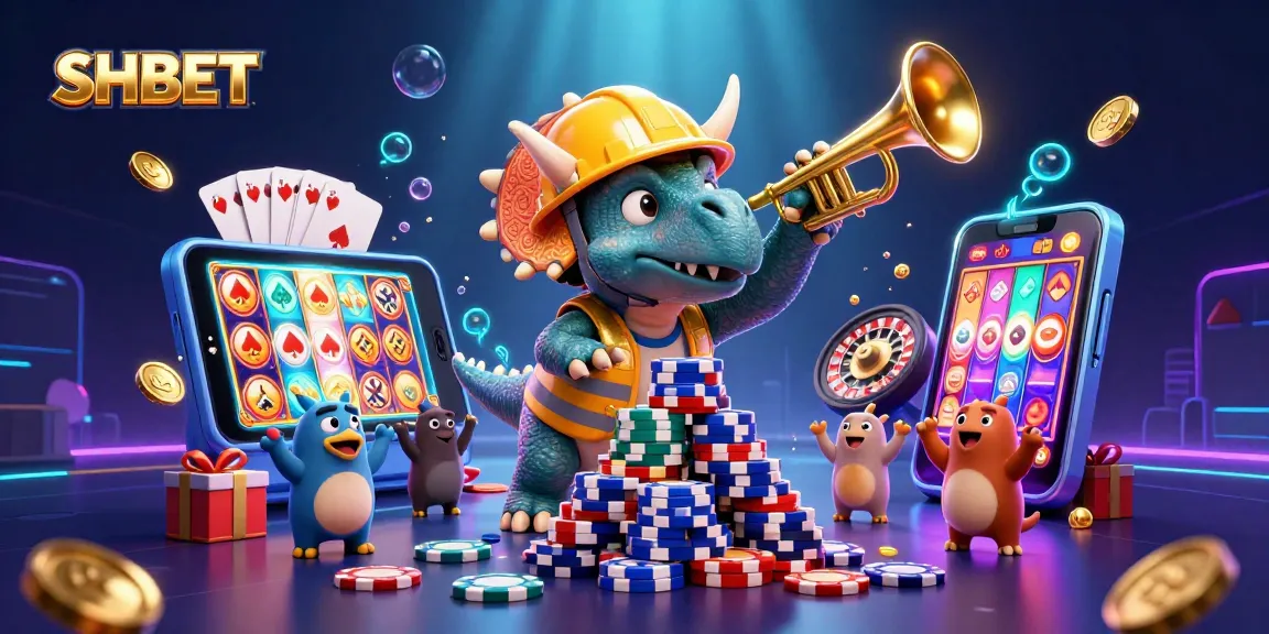 Experience the excitement of SHBET with a vibrant 3D casino illustration of fun characters and gaming action.
